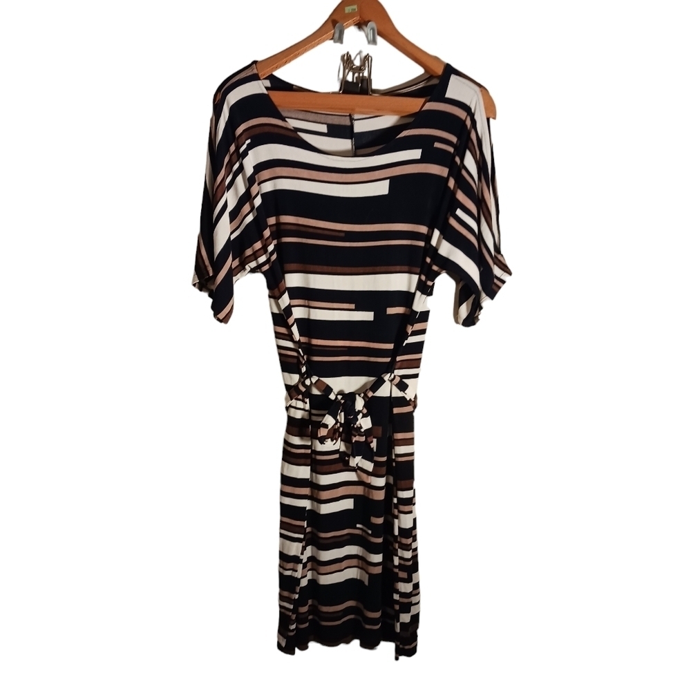 Chico's Travelers Striped Belted Dress Size 2 or Medium Short Sleeves Comfy Cute